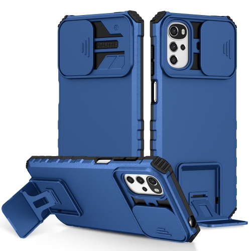 

For Motorola Moto G22 / E32 Stereoscopic Holder Sliding Camshield Phone Case(Blue)