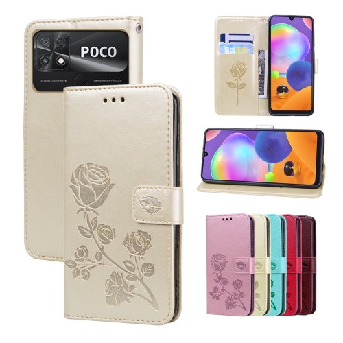

For Xiaomi Poco C40 Rose Embossed Flip PU Leather Phone Case(Gold)