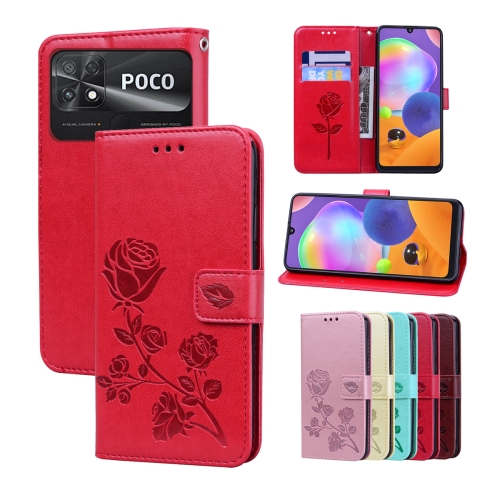 

For Xiaomi Poco C40 Rose Embossed Flip PU Leather Phone Case(Red)