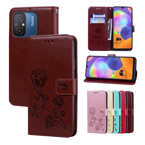 

For Xiaomi Redmi 12C/11A 4G Global/Poco C55 Rose Embossed Flip PU Leather Phone Case(Brown)