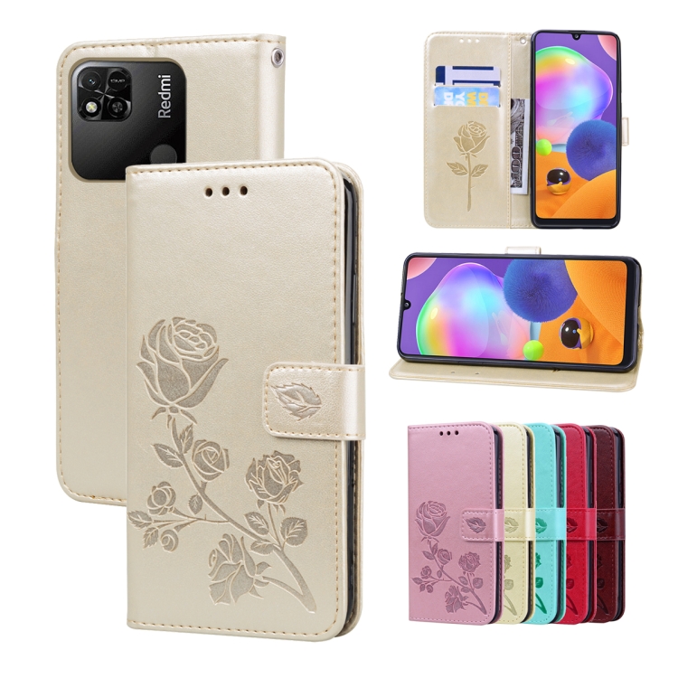 

For Xiaomi Redmi 10A 4G Rose Embossed Flip PU Leather Phone Case(Gold)