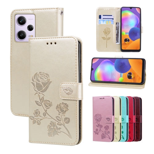 

For Xiaomi Redmi Note 12 5G Global/Poco X5 Rose Embossed Flip PU Leather Phone Case(Gold)
