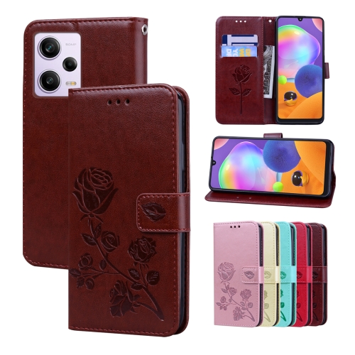 

For Xiaomi Redmi Note 12 5G Global/Poco X5 Rose Embossed Flip PU Leather Phone Case(Brown)