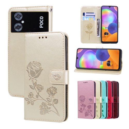 

For Xiaomi Poco M4 5G/Poco M5/Redmi Note 11R Rose Embossed Flip PU Leather Phone Case(Gold)