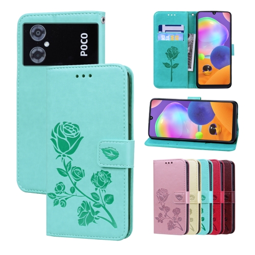 

For Xiaomi Poco M4 5G/Poco M5/Redmi Note 11R Rose Embossed Flip PU Leather Phone Case(Green)