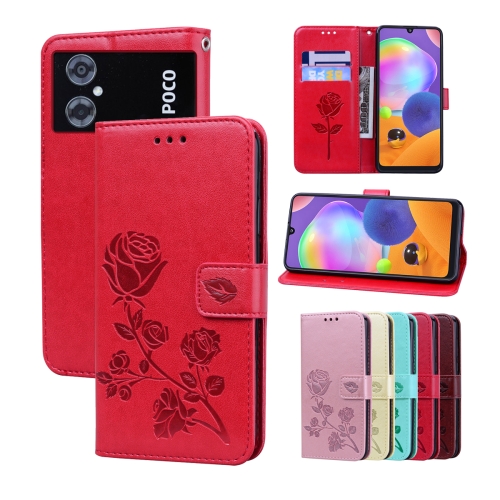 

For Xiaomi Poco M4 5G/Poco M5/Redmi Note 11R Rose Embossed Flip PU Leather Phone Case(Red)