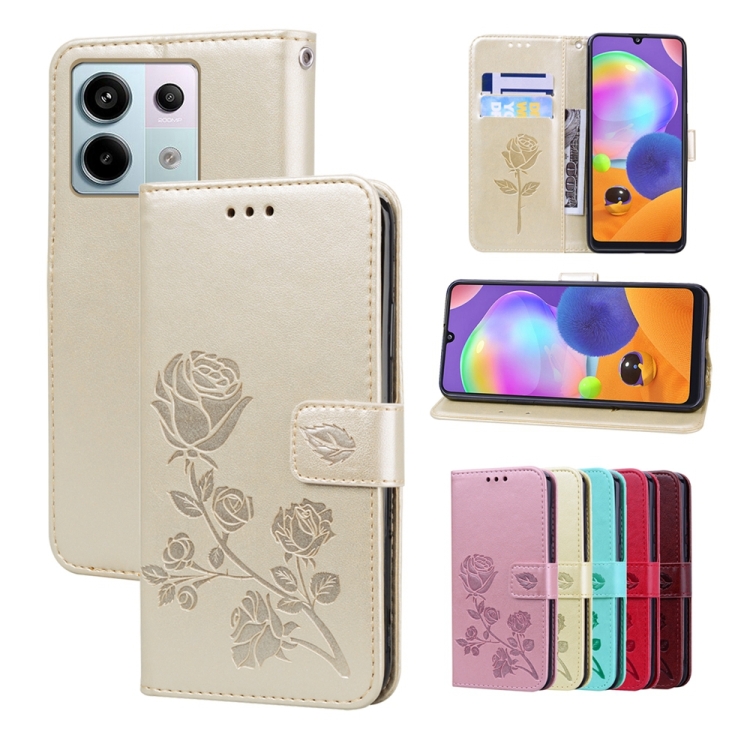 

For Xiaomi Redmi Note 13 4G Rose Embossed Flip PU Leather Phone Case(Gold)