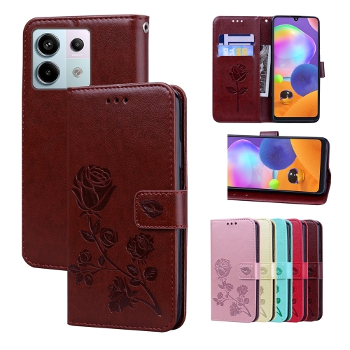 

For Xiaomi Redmi Note 13 5G Rose Embossed Flip PU Leather Phone Case(Brown)