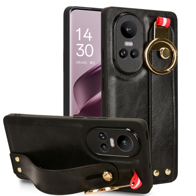

For OPPO Reno10 /10 Pro 5G Global Wristband Leather Back Phone Case(Black)