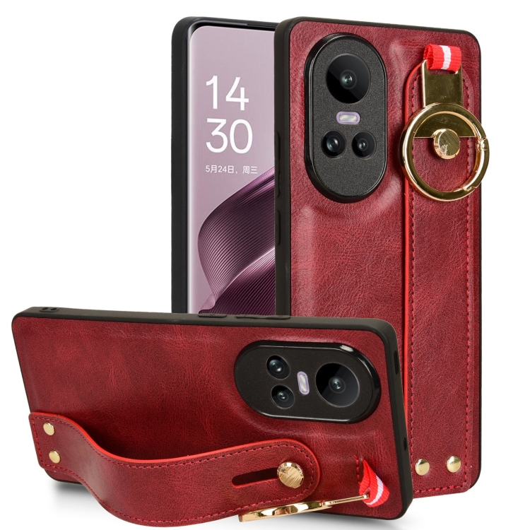 

For OPPO Reno10 /10 Pro 5G Global Wristband Leather Back Phone Case(Red)