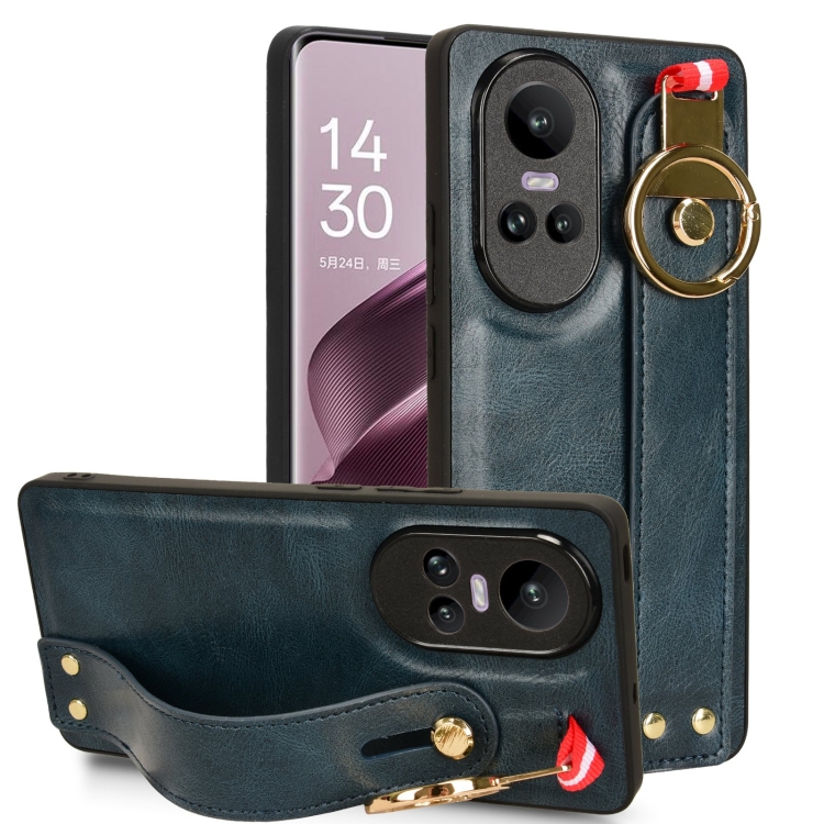 

For OPPO Reno10 /10 Pro 5G Global Wristband Leather Back Phone Case(Blue)