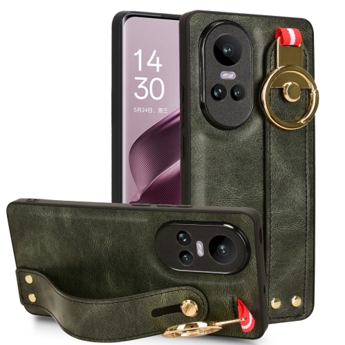 

For OPPO Reno10 /10 Pro 5G Global Wristband Leather Back Phone Case(Green)