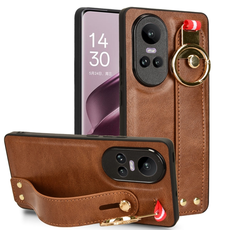 

For OPPO Reno10 /10 Pro 5G Global Wristband Leather Back Phone Case(Brown)