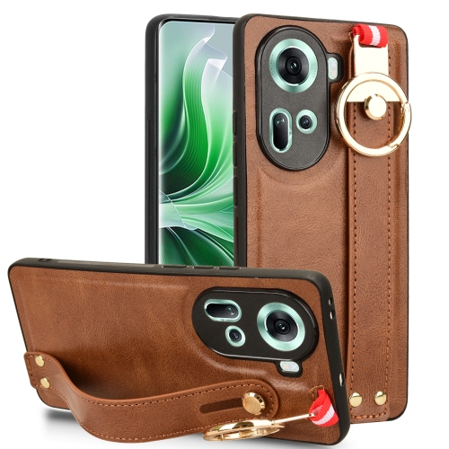 

For OPPO Reno11 5G Global Wristband Leather Back Phone Case(Brown)