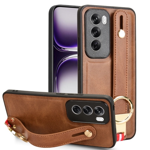 

For OPPO Reno12 5G Global Wristband Leather Back Phone Case(Brown)