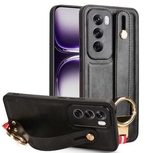 

For OPPO Reno12 Pro 5G Global Wristband Leather Back Phone Case(Black)