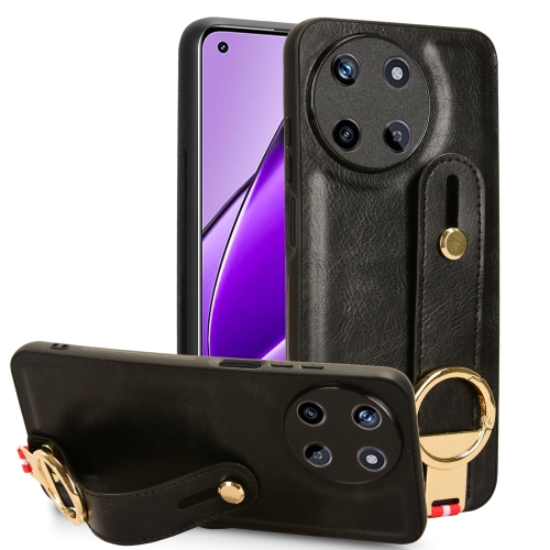 For Realme 11 4G Global Wristband Leather Back Phone Case(Black) adjustable saxophone shoulder strap sax leather strap for alto tenor soprano saxophones