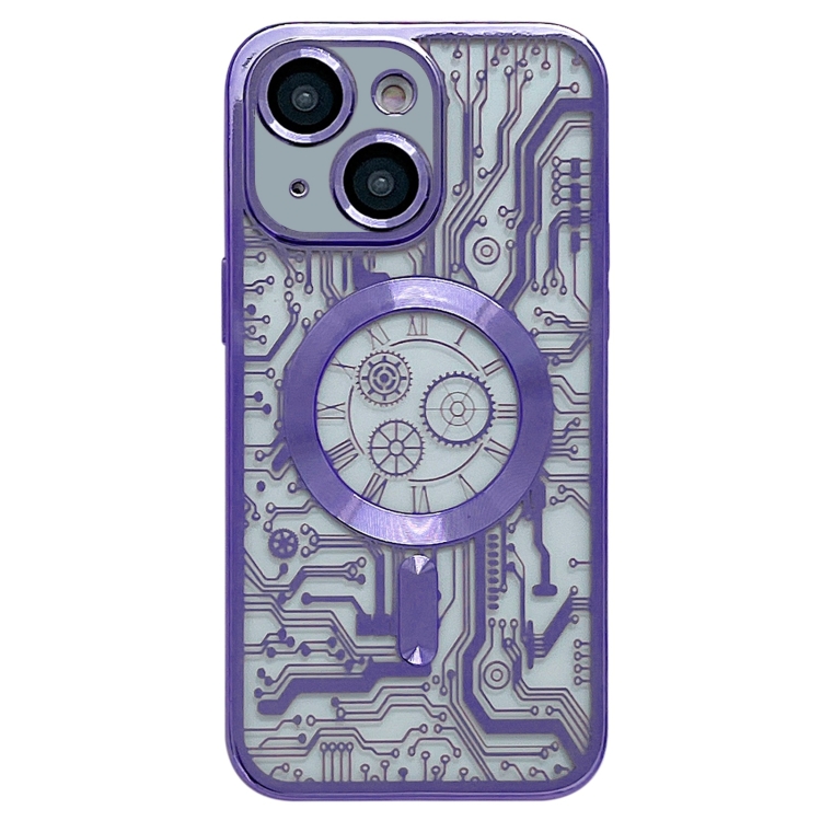 

For iPhone 14 Electroplated Circuit Board Pattern MagSafe Phone Case(Purple)