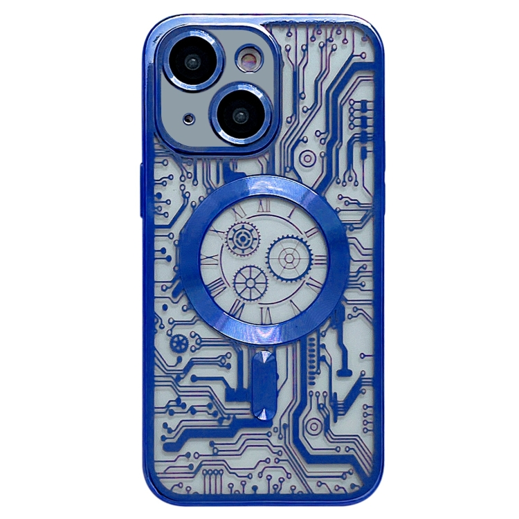

For iPhone 14 Plus Electroplated Circuit Board Pattern MagSafe Phone Case(Dark Blue)