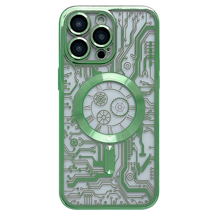 

For iPhone 14 Pro Max Electroplated Circuit Board Pattern MagSafe Phone Case(Green)