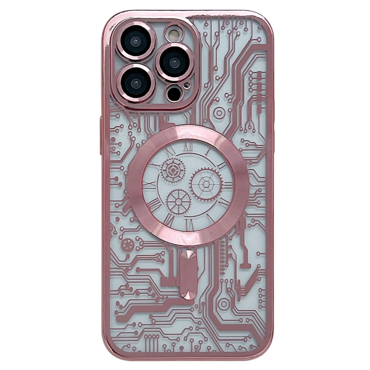 

For iPhone 14 Pro Max Electroplated Circuit Board Pattern MagSafe Phone Case(Pink)