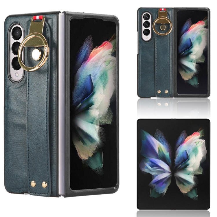 

For Samsung Galaxy Z Fold3 5G Wristband Leather Back Phone Case(Blue)