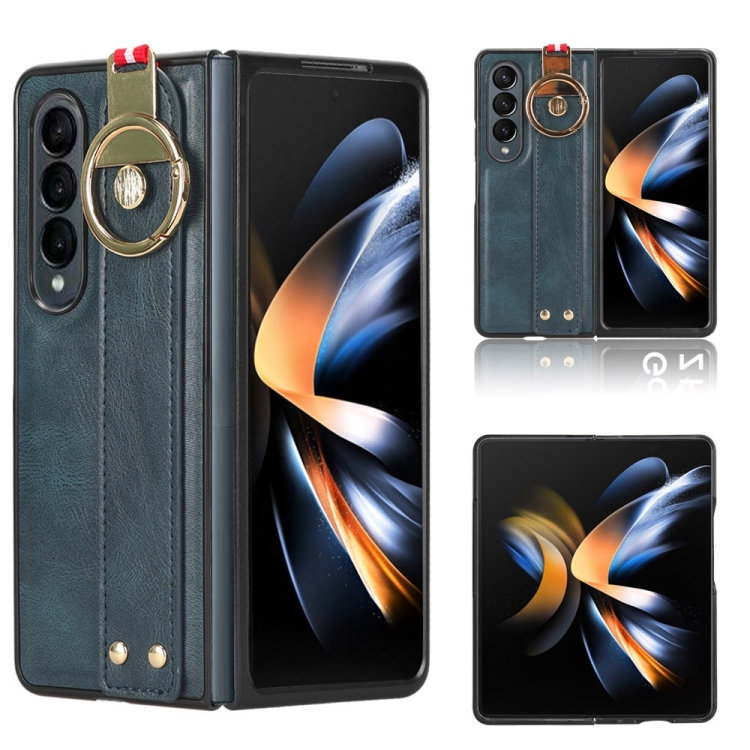 

For Samsung Galaxy Z Fold4 Wristband Leather Back Phone Case(Blue)