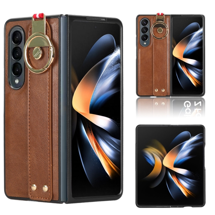 

For Samsung Galaxy Z Fold4 Wristband Leather Back Phone Case(Brown)