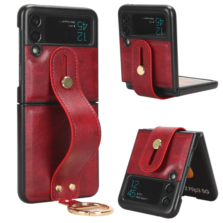 

For Samsung Galaxy Z Flip3 5G Wristband Leather Back Phone Case(Red)