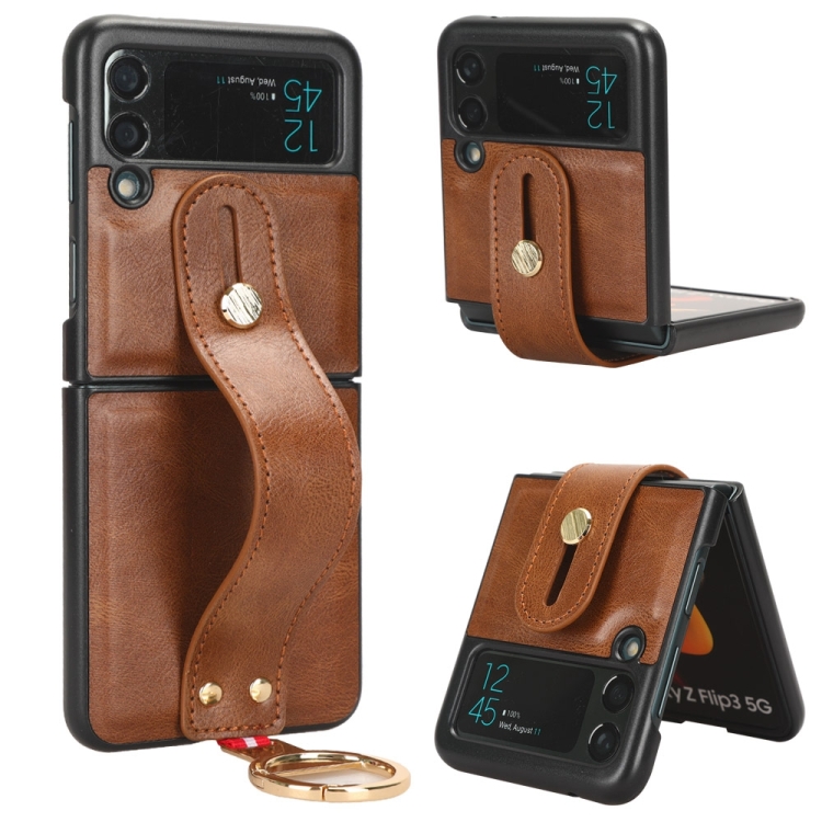 

For Samsung Galaxy Z Flip3 5G Wristband Leather Back Phone Case(Brown)