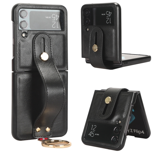 

For Samsung Galaxy Z Flip4 Wristband Leather Back Phone Case(Black)