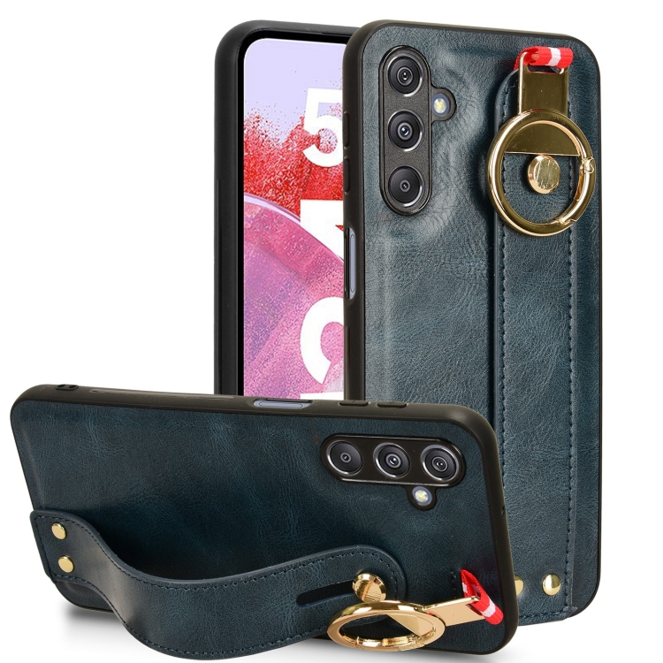 

For Samsung Galaxy M34 5G Wristband Leather Back Phone Case(Blue)