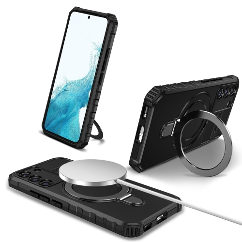 For Samsung Galaxy S22+ 5G MagSafe Magnetic Holder Phone Case(Black) b 23 3 in 1 foldable magnetic wireless charger phone holder plug eu plug white