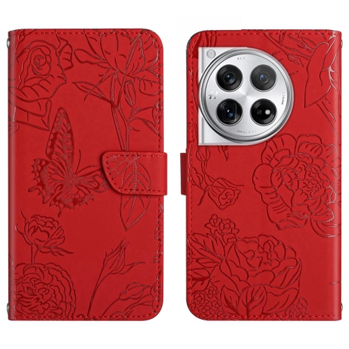 

For OnePlus 12 5G Global Skin Feel Butterfly Peony Embossed Leather Phone Case(Red)