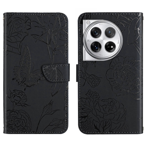 

For OnePlus 12 5G Global Skin Feel Butterfly Peony Embossed Leather Phone Case(Black)