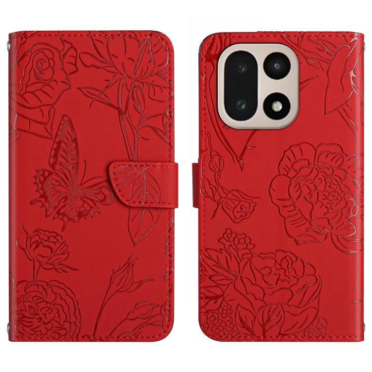 

For OnePlus 15 5G Skin Feel Butterfly Peony Embossed Leather Phone Case(Red)