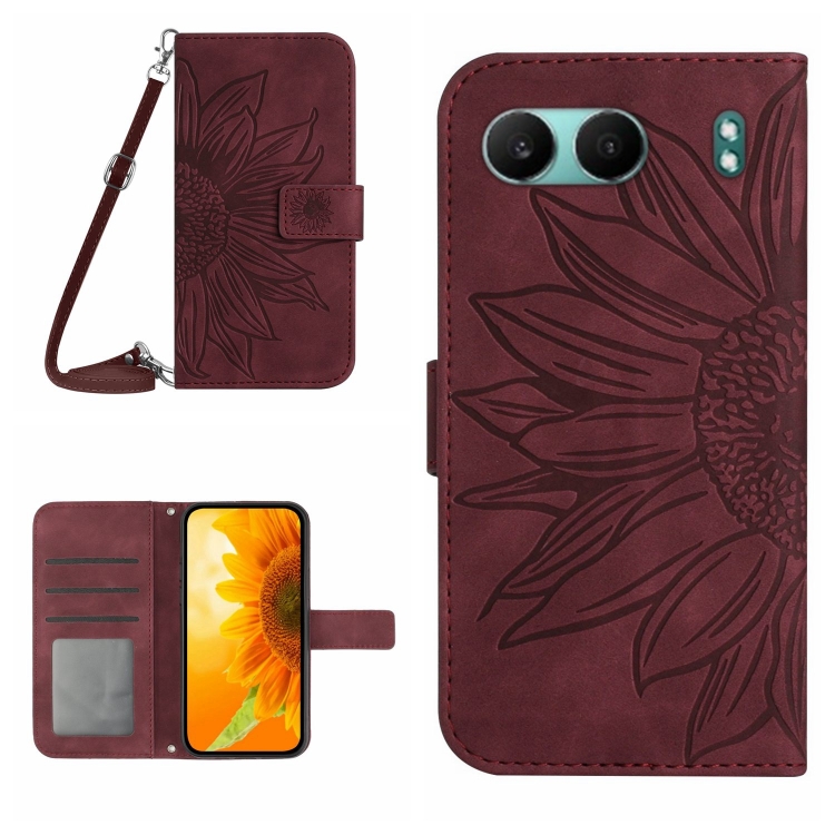 For OnePlus Nord 4 5G Skin Feel Sun Flower Embossed Leather Phone Case with Lanyard(Wine Red)