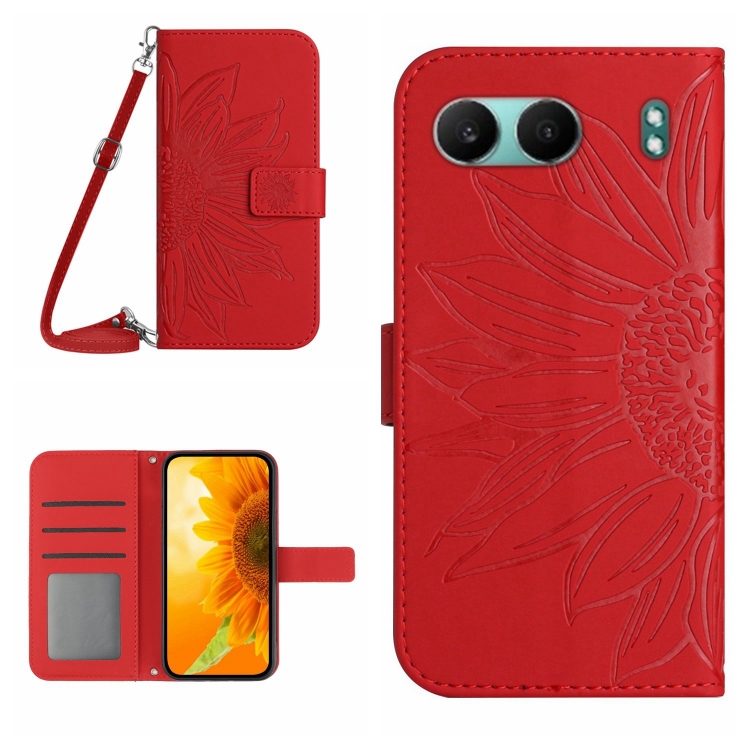 

For OnePlus Nord 4 5G Skin Feel Sun Flower Embossed Leather Phone Case with Lanyard(Red)