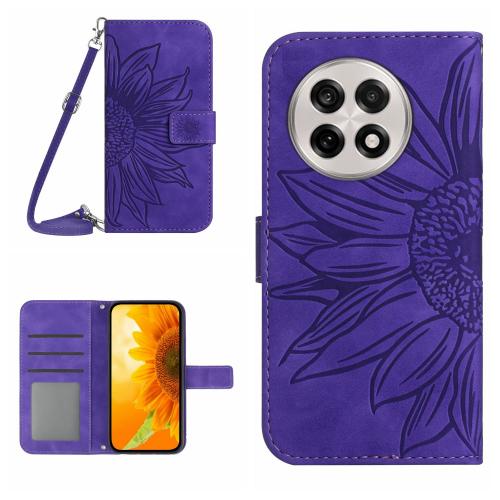 

For OnePlus 13R Skin Feel Sun Flower Embossed Leather Phone Case with Lanyard(Dark Purple)