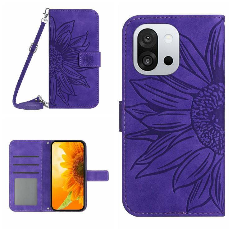 

For OnePlus 13T Skin Feel Sun Flower Embossed Leather Phone Case with Lanyard(Dark Purple)