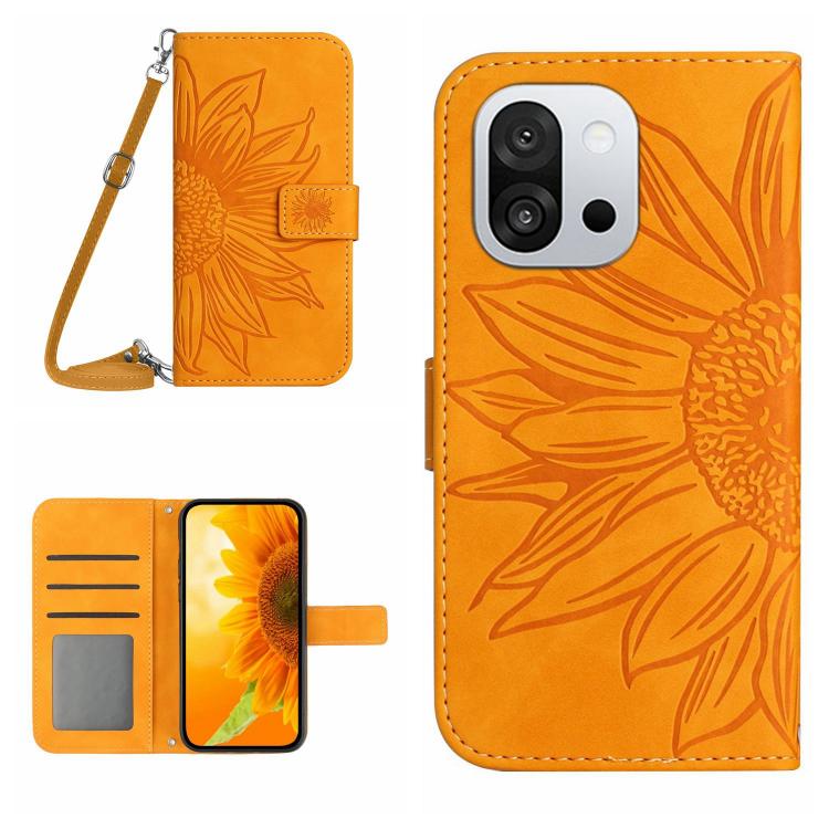

For OnePlus 13T Skin Feel Sun Flower Embossed Leather Phone Case with Lanyard(Yellow)