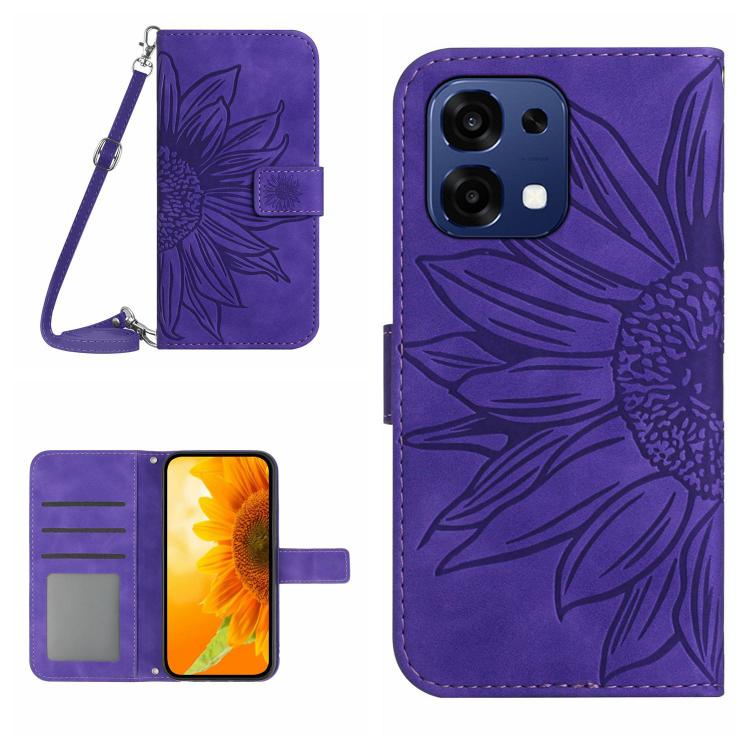 

For OnePlus 15 5G Skin Feel Sun Flower Embossed Leather Phone Case with Lanyard(Dark Purple)