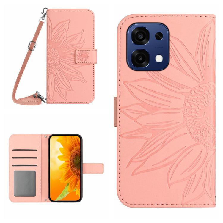

For OnePlus 15 5G Skin Feel Sun Flower Embossed Leather Phone Case with Lanyard(Pink)