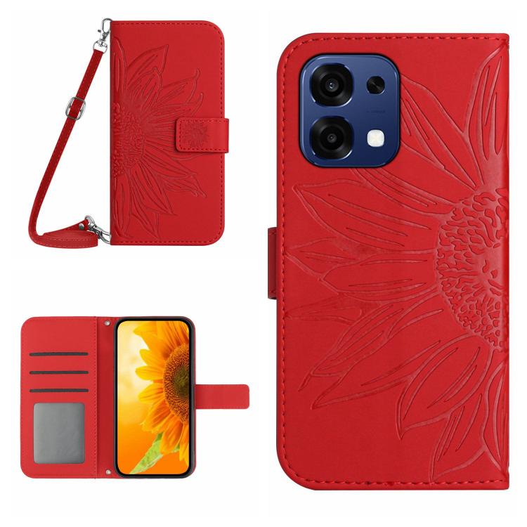 

For OnePlus 15 5G Skin Feel Sun Flower Embossed Leather Phone Case with Lanyard(Red)