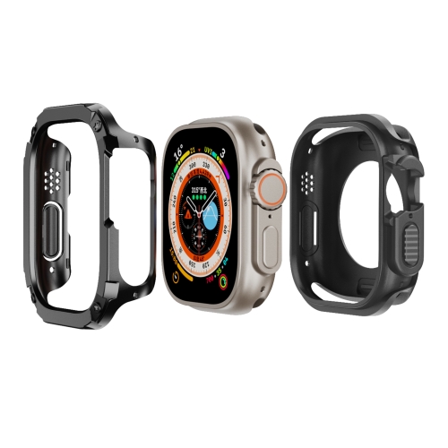 For Apple Watch Ultra 49mm 2-in-1 PC Hybrid TPU Armor Watch Case(Black) magnetic clasp camouflage silicone watch band for apple watch ultra 49mm camouflage white