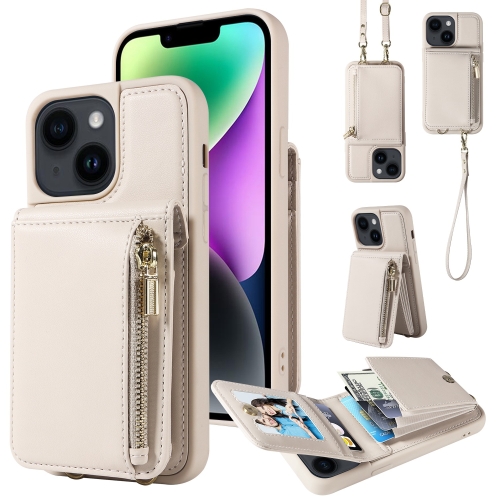 

For iPhone 14 Crossbody Lanyard Zipper Wallet Leather Phone Case(Beige)