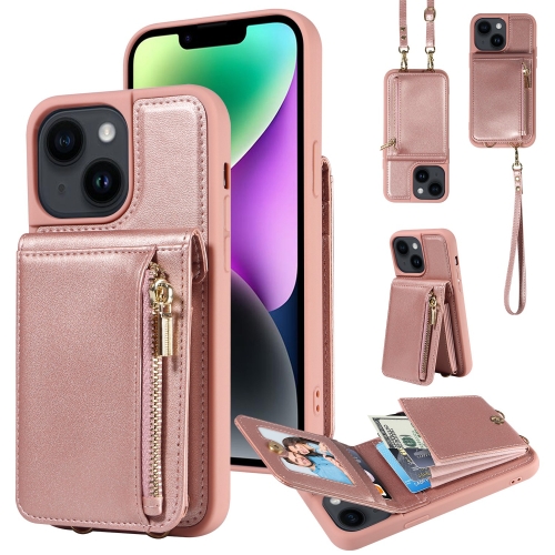 

For iPhone 14 Crossbody Lanyard Zipper Wallet Leather Phone Case(Rose Gold)