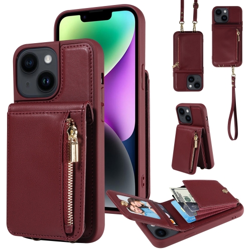 

For iPhone 14 Plus Crossbody Lanyard Zipper Wallet Leather Phone Case(Wine Red)