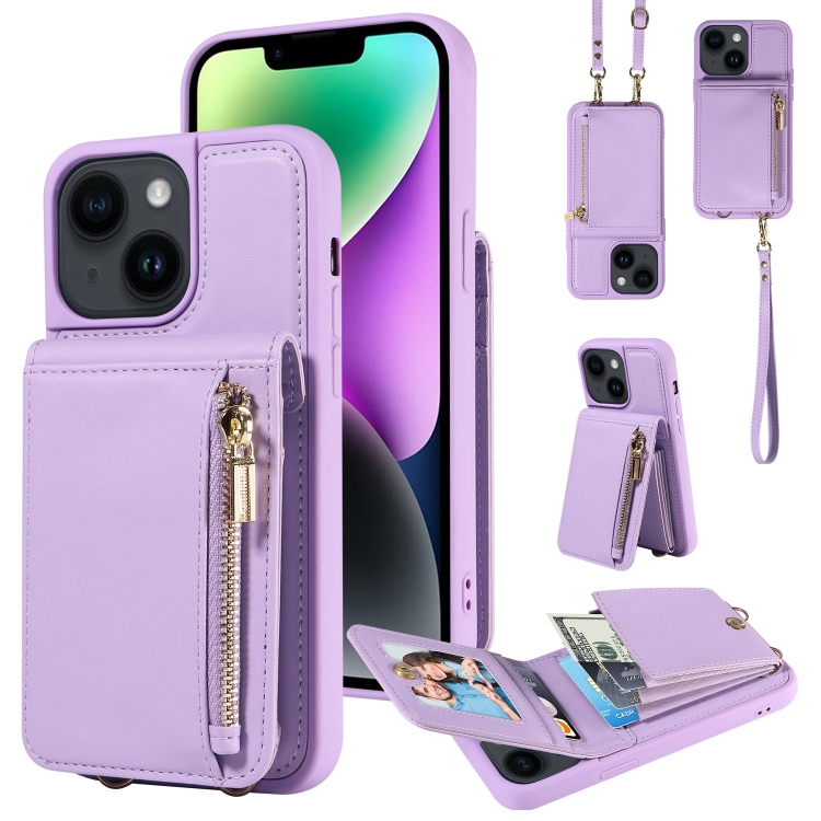 

For iPhone 14 Plus Crossbody Lanyard Zipper Wallet Leather Phone Case(Purple)
