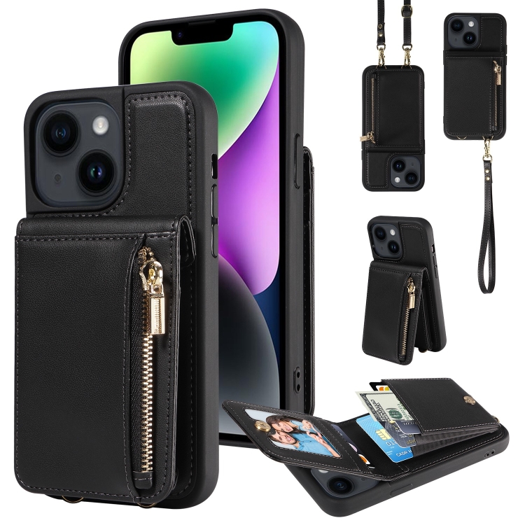 

For iPhone 14 Plus Crossbody Lanyard Zipper Wallet Leather Phone Case(Black)